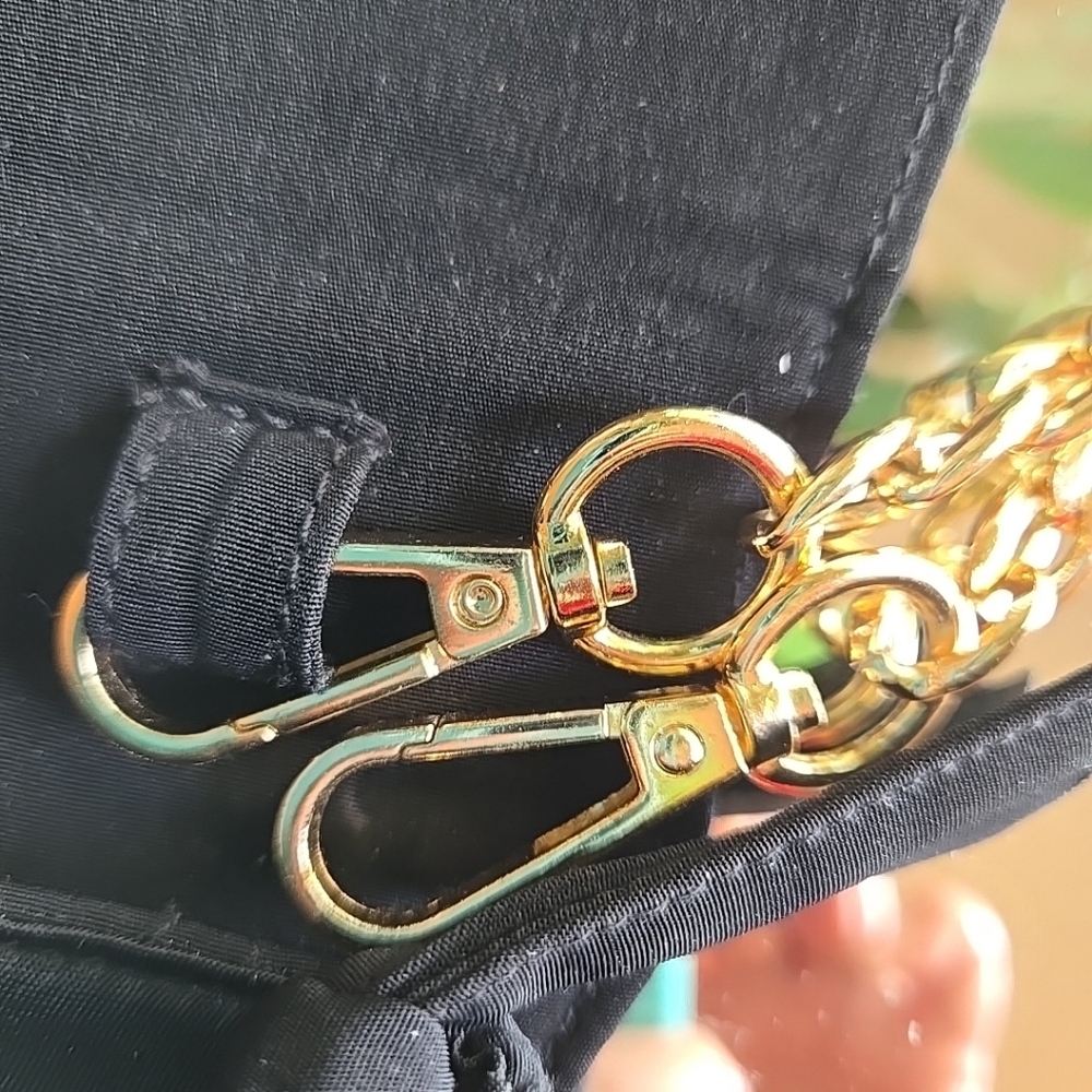 One of a kind Black Quilted Bag with 50"Gold Chain Upcycled Designer Gold BEE - Picture 11 of 12